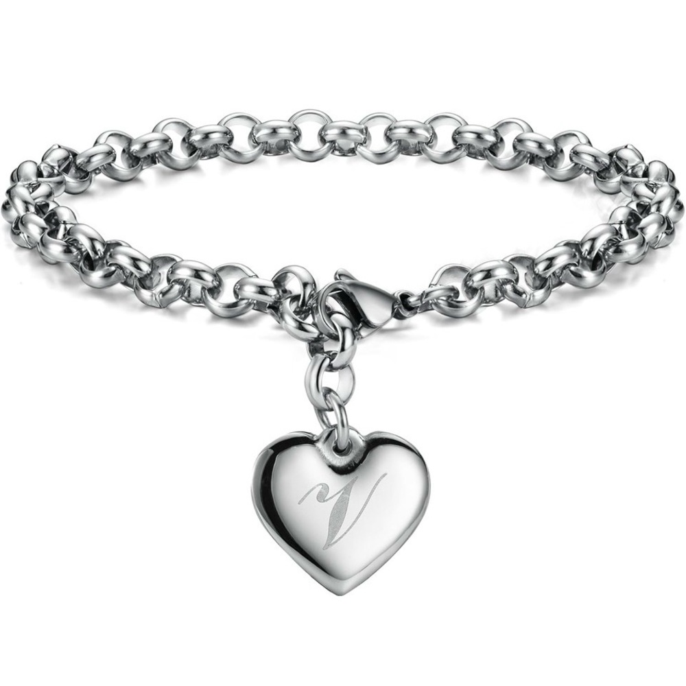 ❤️Letter V Silver Heart Initial Charm Bracelet